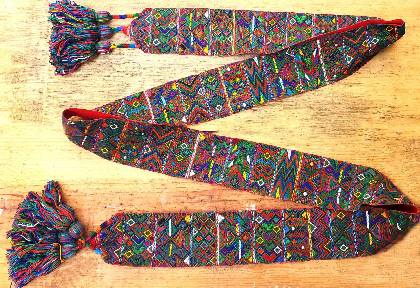Vintage Red / Green Unique Guatemala Handmade WEAVED Cotton SASH CINTA from Aguacatan