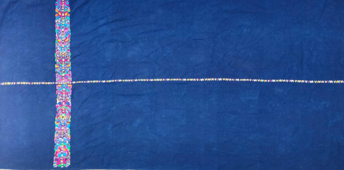 GUATEMALAN XENACOJ Denim Cotton Corte FABRIC Per Yard - Vintage Embroidered Hand Woven Fabric