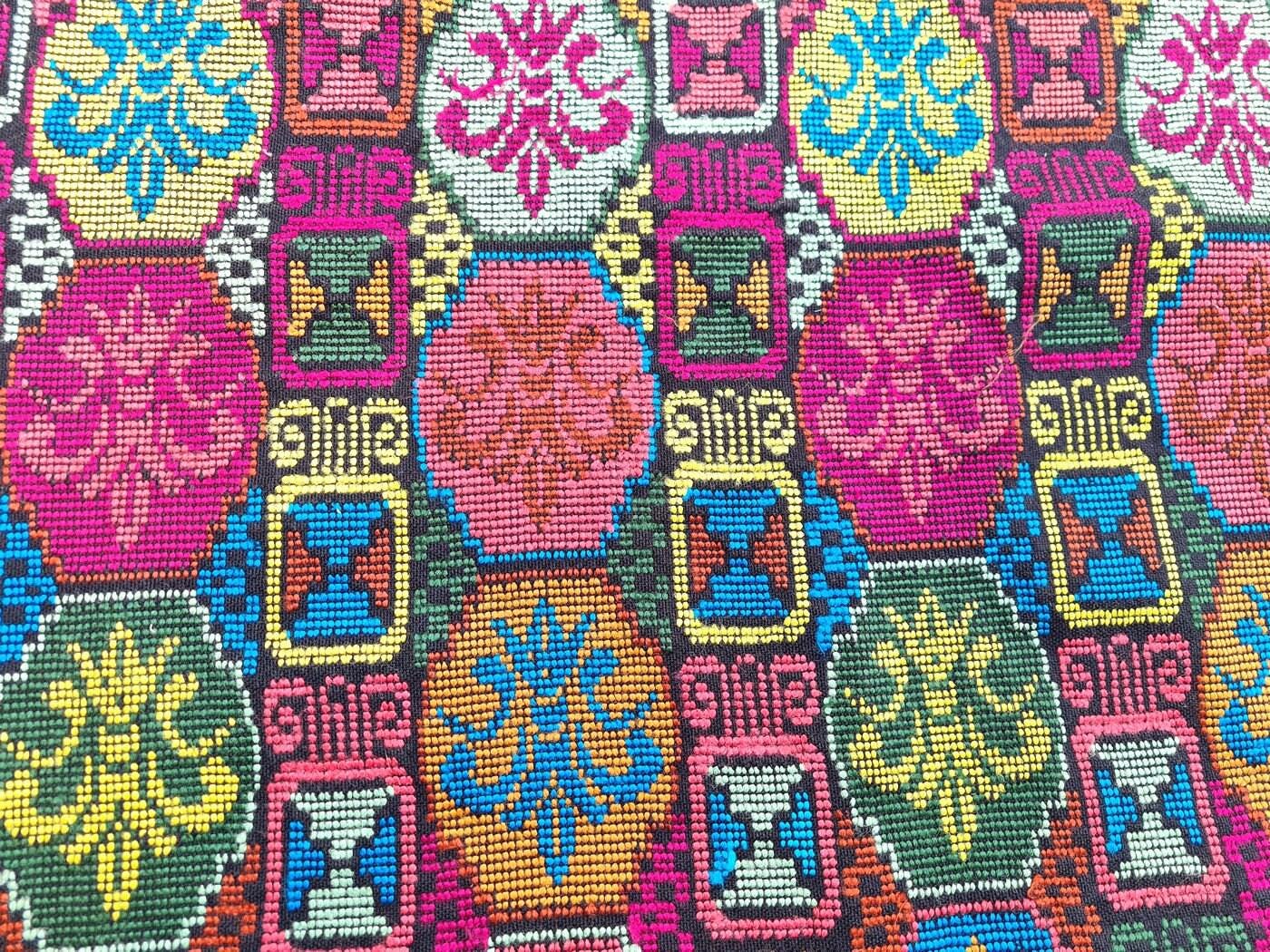 Unique Guatemala handmade weaved cotton multicolor Zunil Corte - fleur de lys and Mayan stones- Fabric per yard-