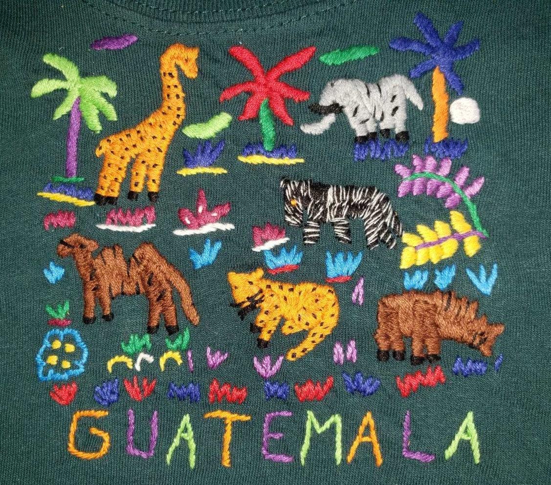Handmade embroidered Guatemalan zoo bus motive unisex cotton T-shirt for kids