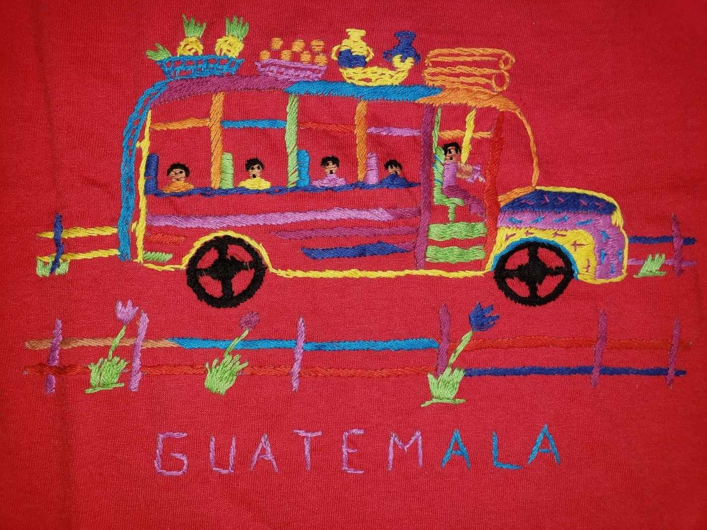 Handmade embroidered Guatemalan zoo bus motive unisex cotton T-shirt for kids