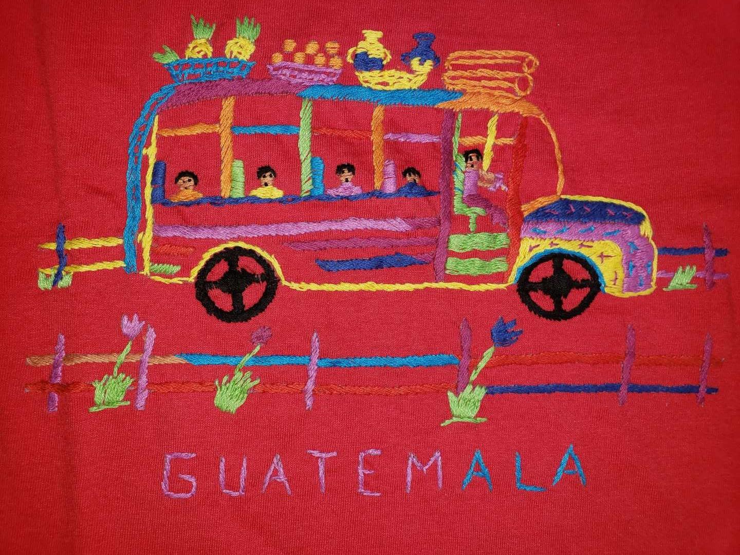 Handmade embroidered Guatemalan zoo bus motive unisex cotton T-shirt for kids