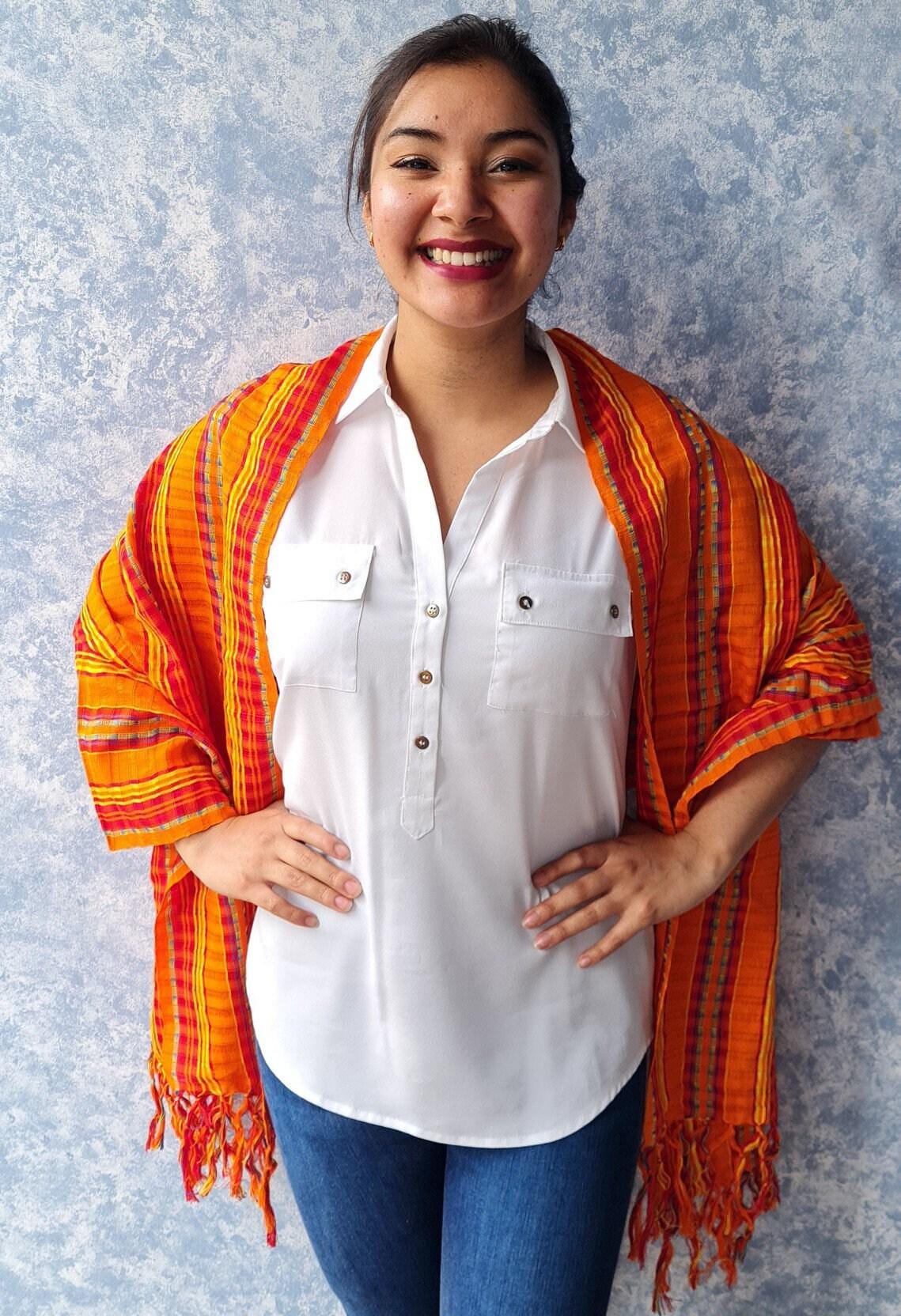 Women Medium Weight GUATEMALAN COTTON Orange SCARF Wrap - Artisans Wear Aesthetic Shawl