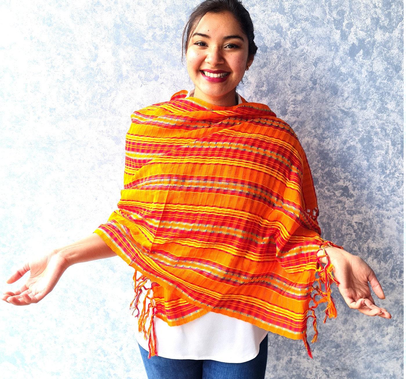 Women Medium Weight GUATEMALAN COTTON Orange SCARF Wrap - Artisans Wear Aesthetic Shawl