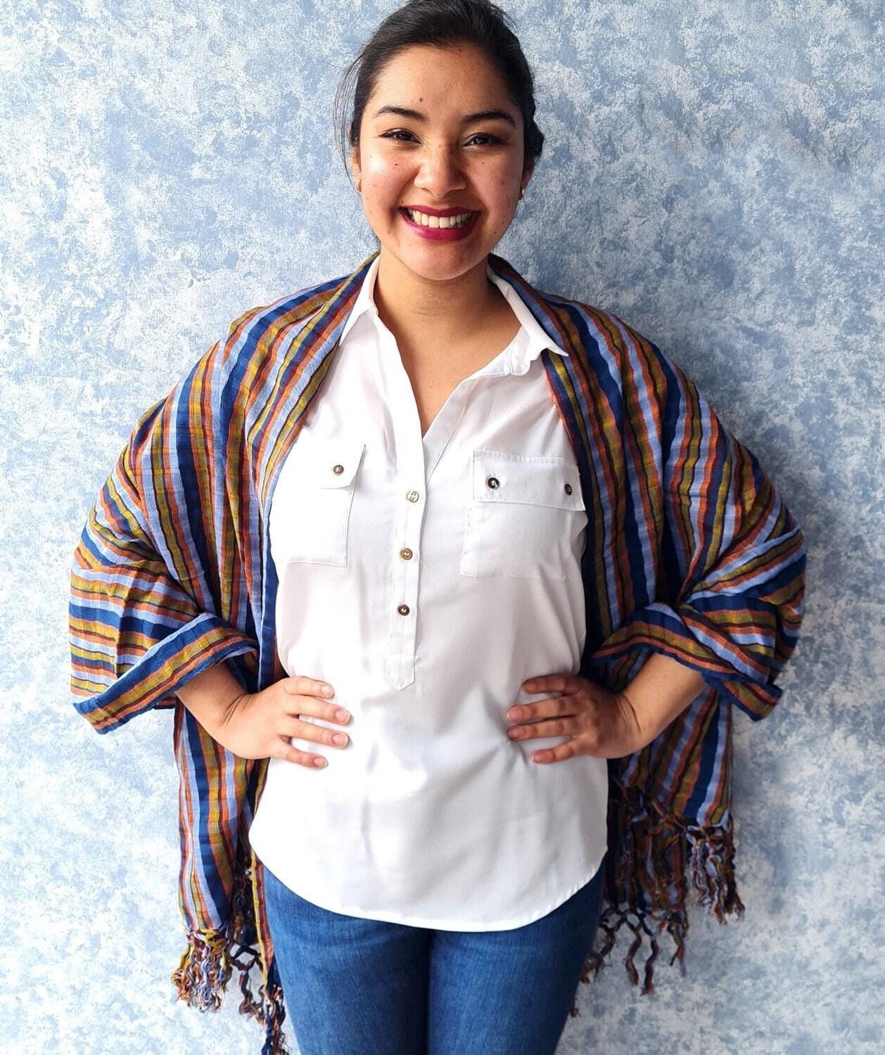 Women Medium Weight GUATEMALAN COTTON Indigo SCARF Wrap - Artisans Wear Aesthetic Shawl