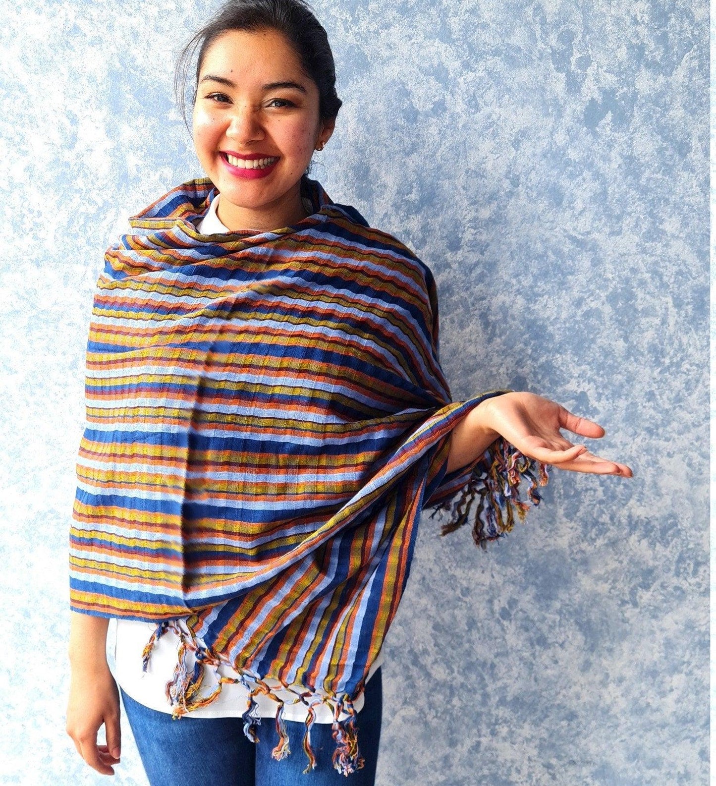 Women Medium Weight GUATEMALAN COTTON Indigo SCARF Wrap - Artisans Wear Aesthetic Shawl