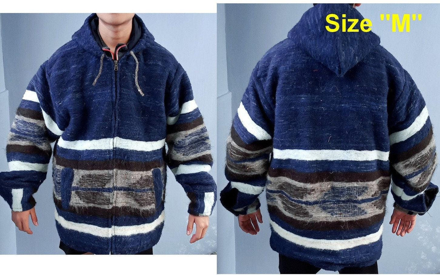 Hand Woven GUATEMALAN WOOL Hooded JACKET For Men - Heavy Weight Poncho Boho And Hippie Cotton Lining Zipper Jacket