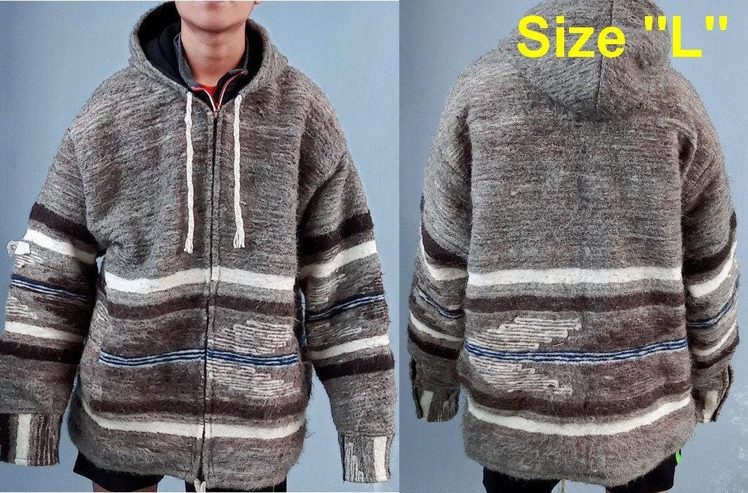 Hand Woven GUATEMALAN WOOL Hooded JACKET For Men - Heavy Weight Poncho Boho And Hippie Cotton Lining Zipper Jacket