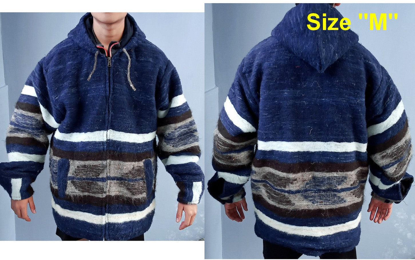 Hand Woven GUATEMALAN WOOL Hooded JACKET For Men - Heavy Weight Poncho Boho And Hippie Cotton Lining Zipper Jacket