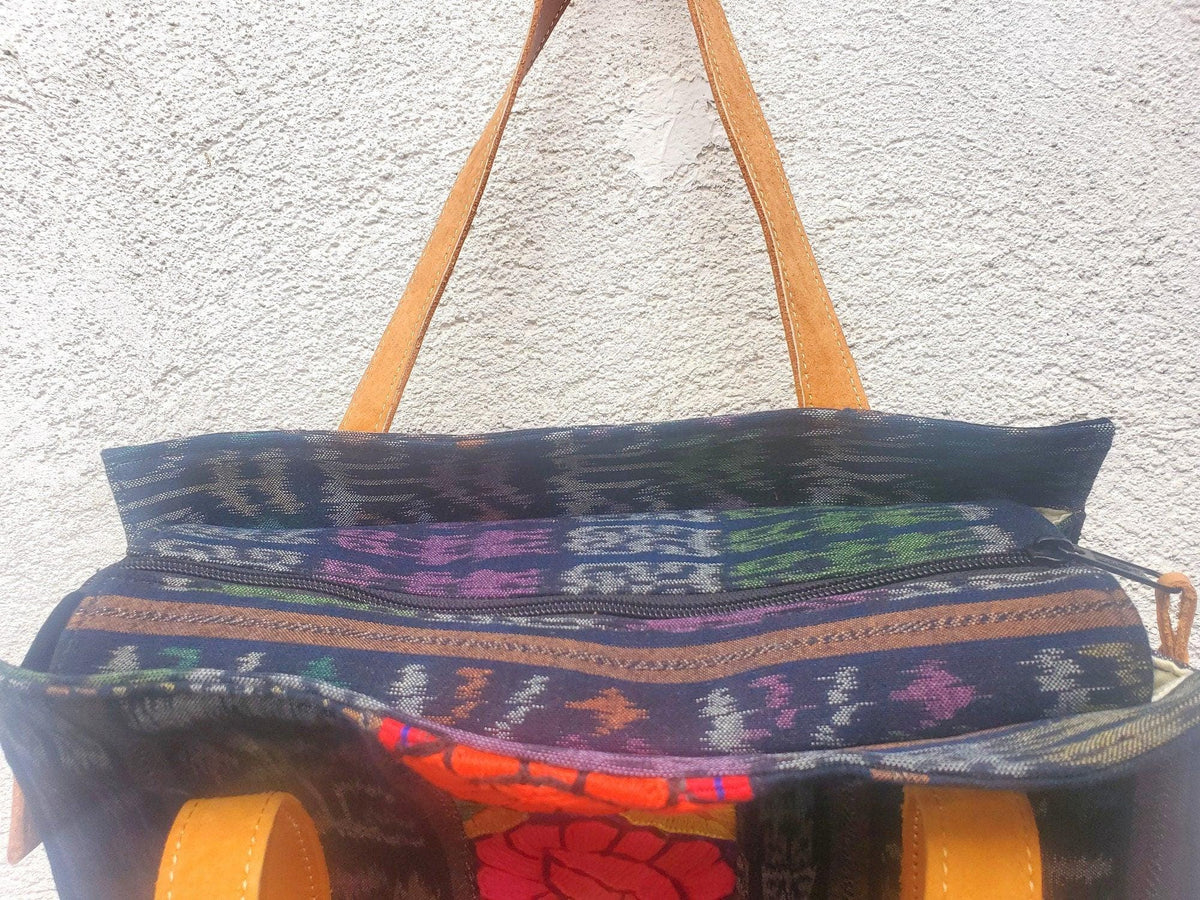 Guatemalan Cotton Handwoven IKAT Tote SHOPPING BAG / Authentic Leather Handles