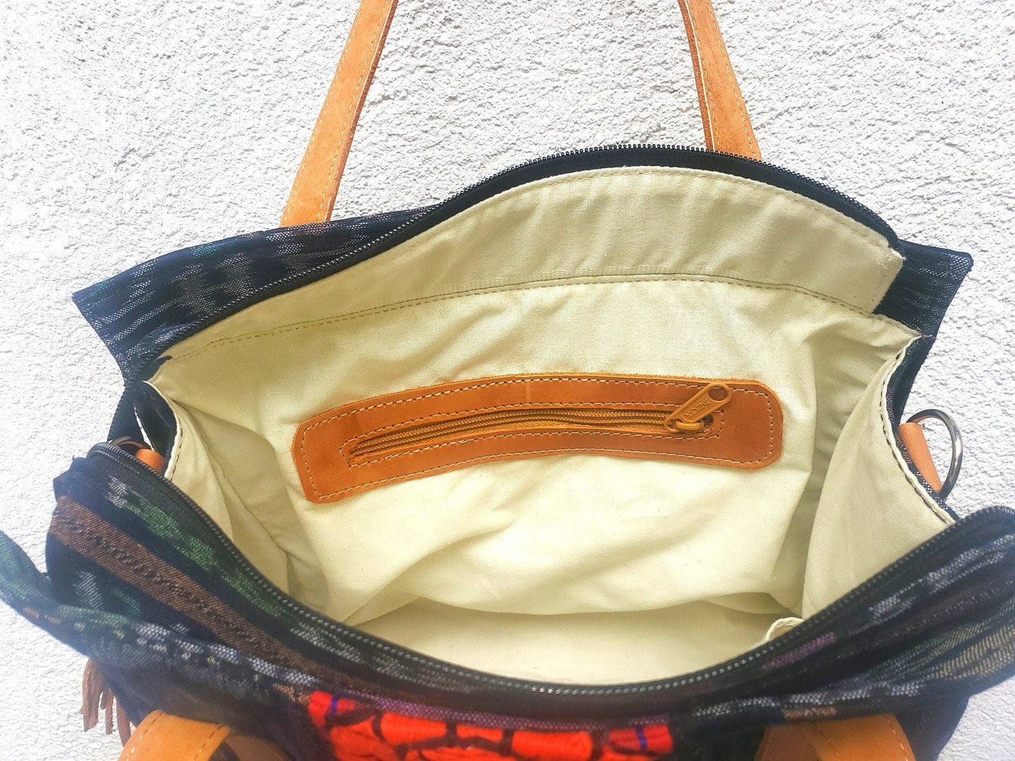 Guatemalan Cotton Handwoven IKAT Tote SHOPPING BAG / Authentic Leather Handles