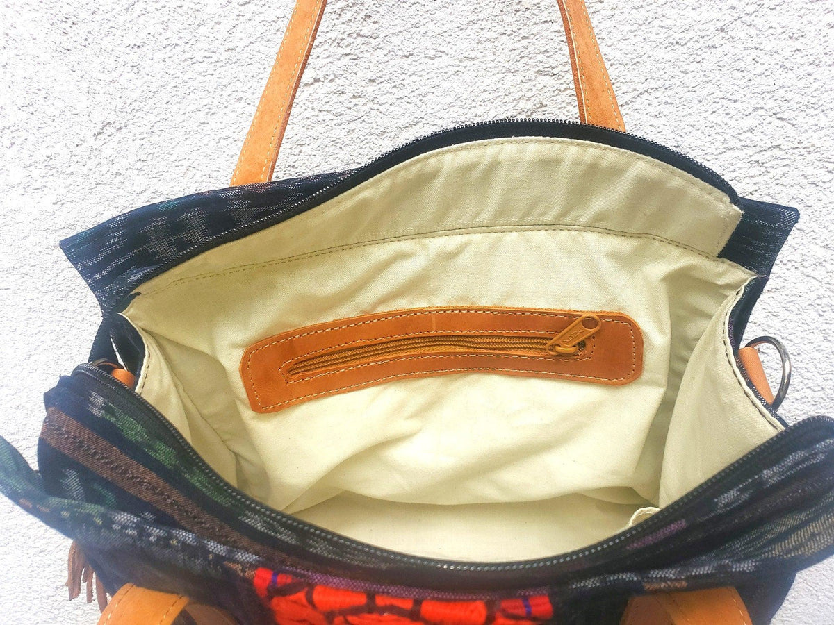 Guatemalan Cotton Handwoven IKAT Tote SHOPPING BAG / Authentic Leather Handles
