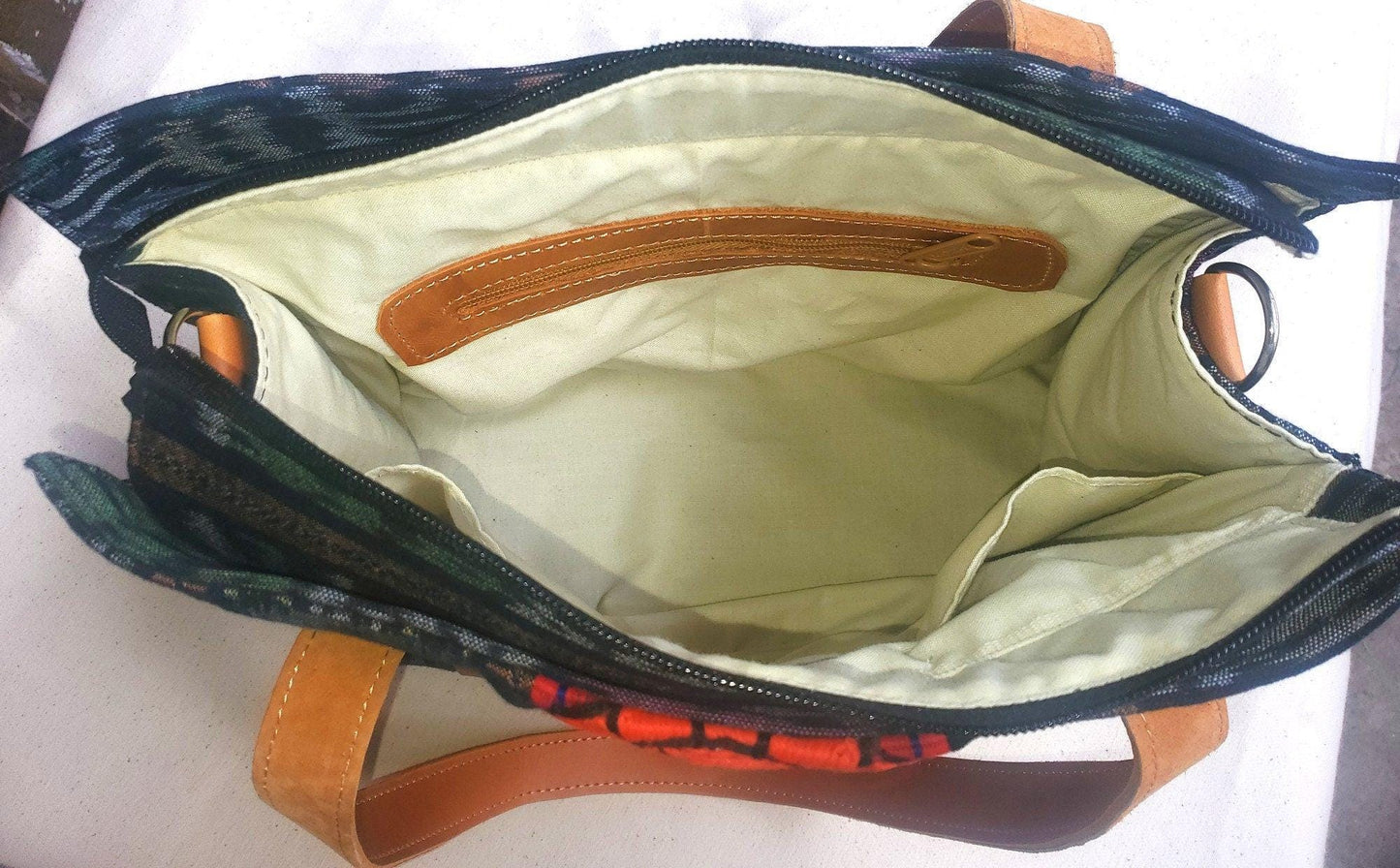 Guatemalan Cotton Handwoven IKAT Tote SHOPPING BAG / Authentic Leather Handles