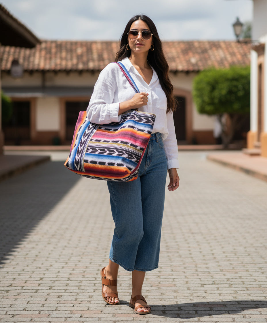 Handwoven GUATEMALAN COTTON Striped Lining TOTE Bag With Zipper Available In Multiple Colors