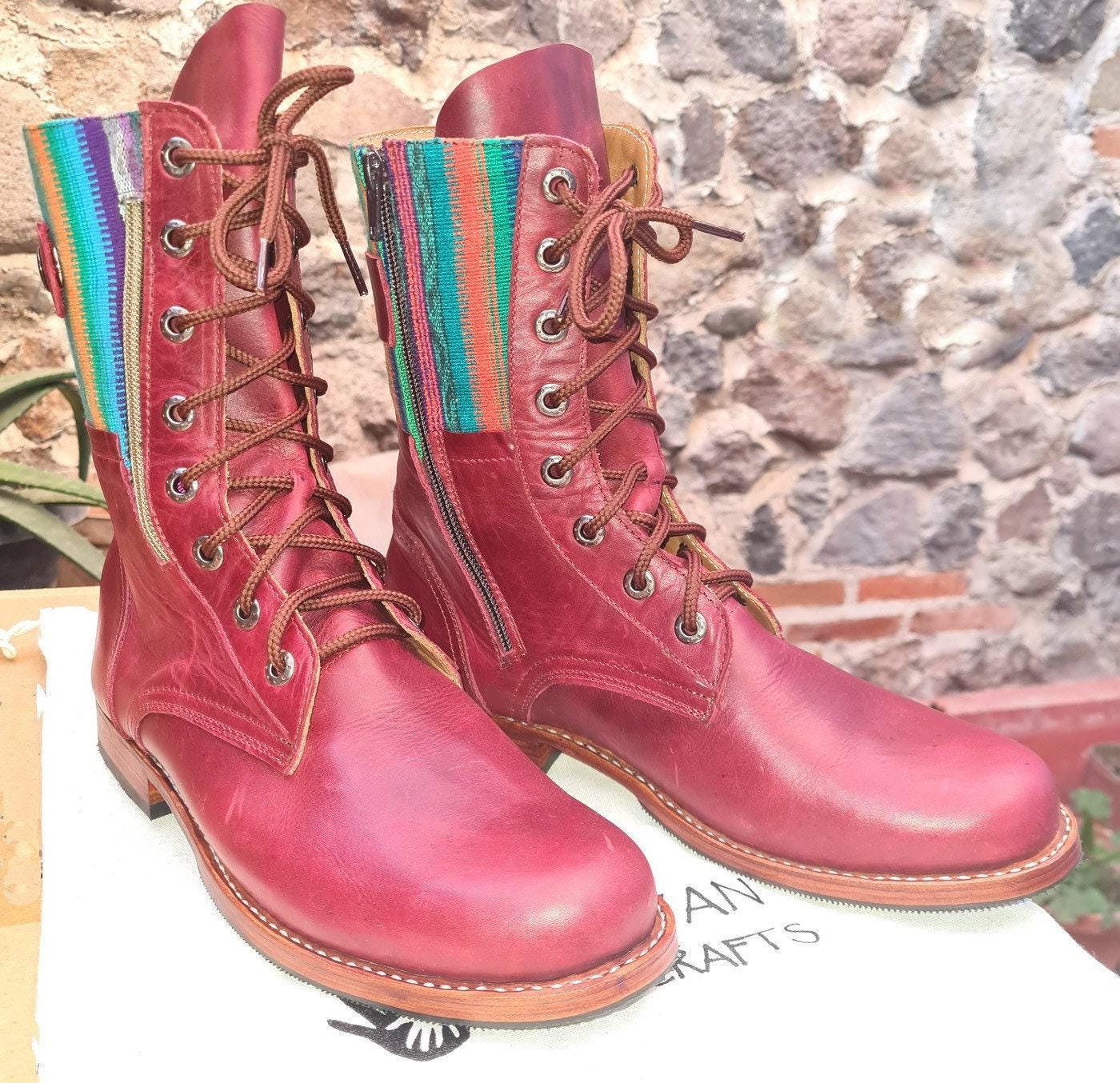 Custom Pattern GUATEMALAN Authentic LEATHER Lace Up BOOTS For Women - Geniune Leather & Rubber Outsole Zipper Shoes