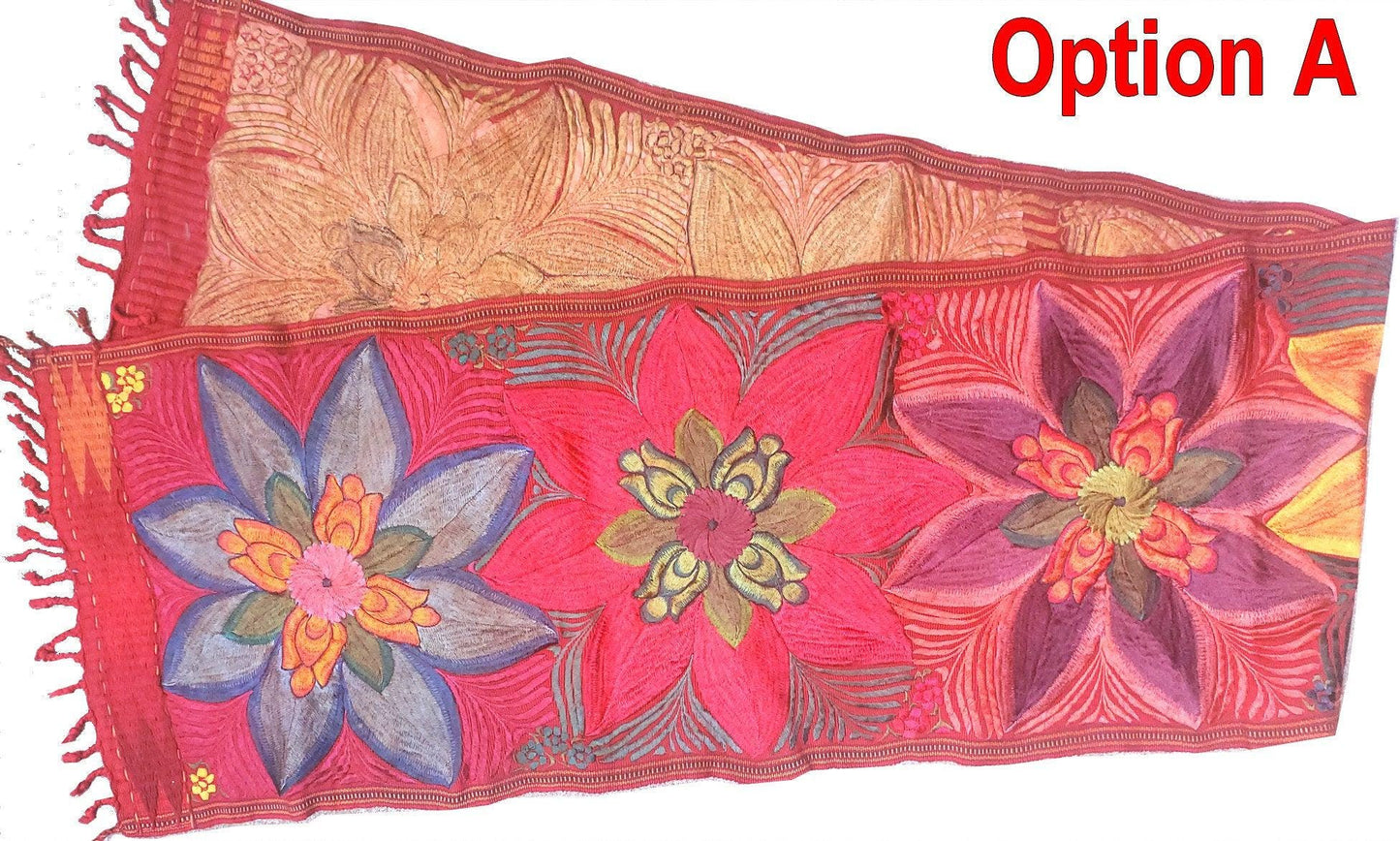 Handmade RUST Dyed Floral embroidered table RUNNER with tassels - ZACUALPA