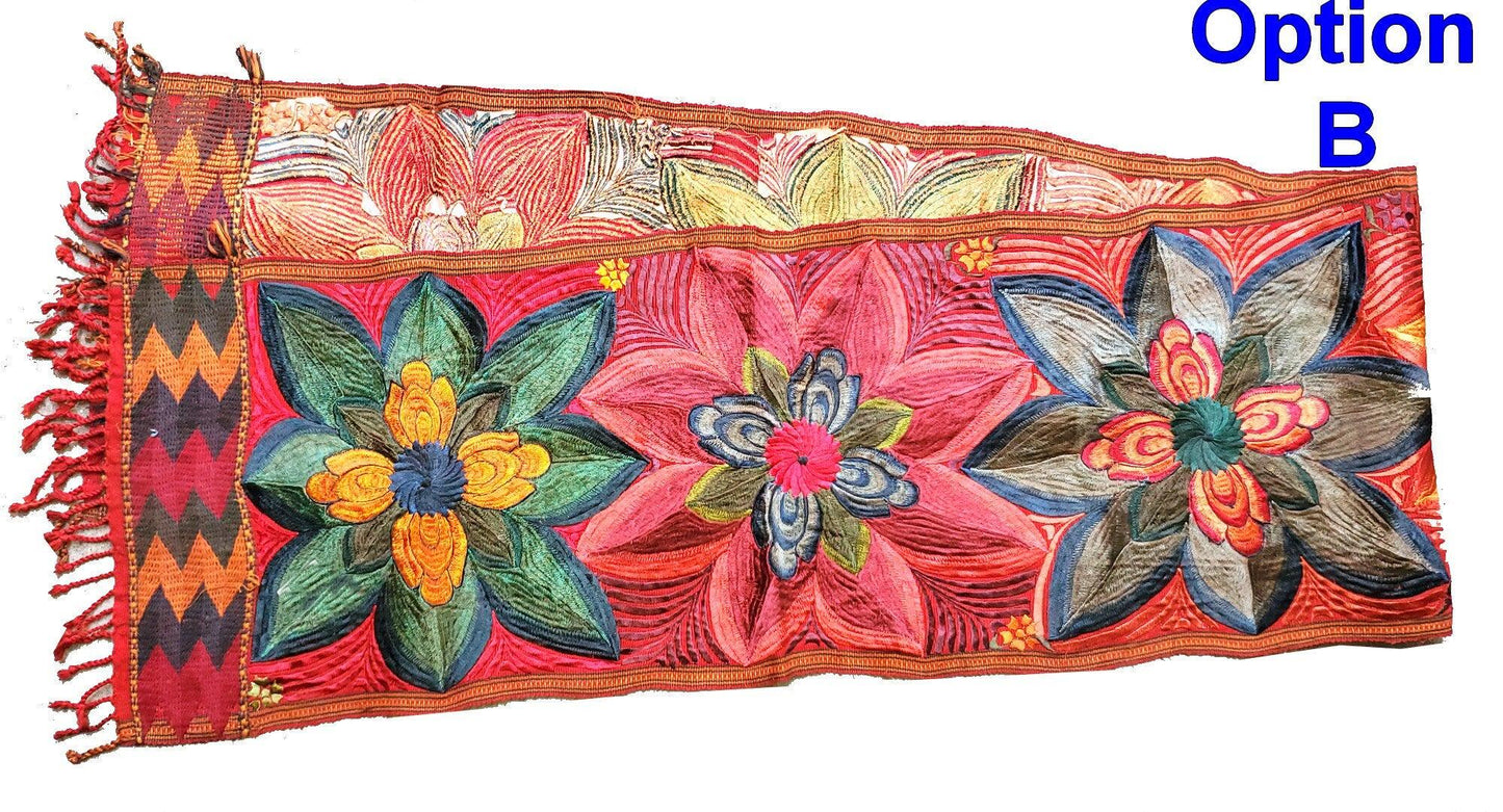 Handmade RUST Dyed Floral embroidered table RUNNER with tassels - ZACUALPA
