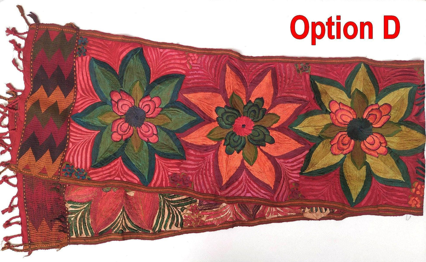 Handmade RUST Dyed Floral embroidered table RUNNER with tassels - ZACUALPA