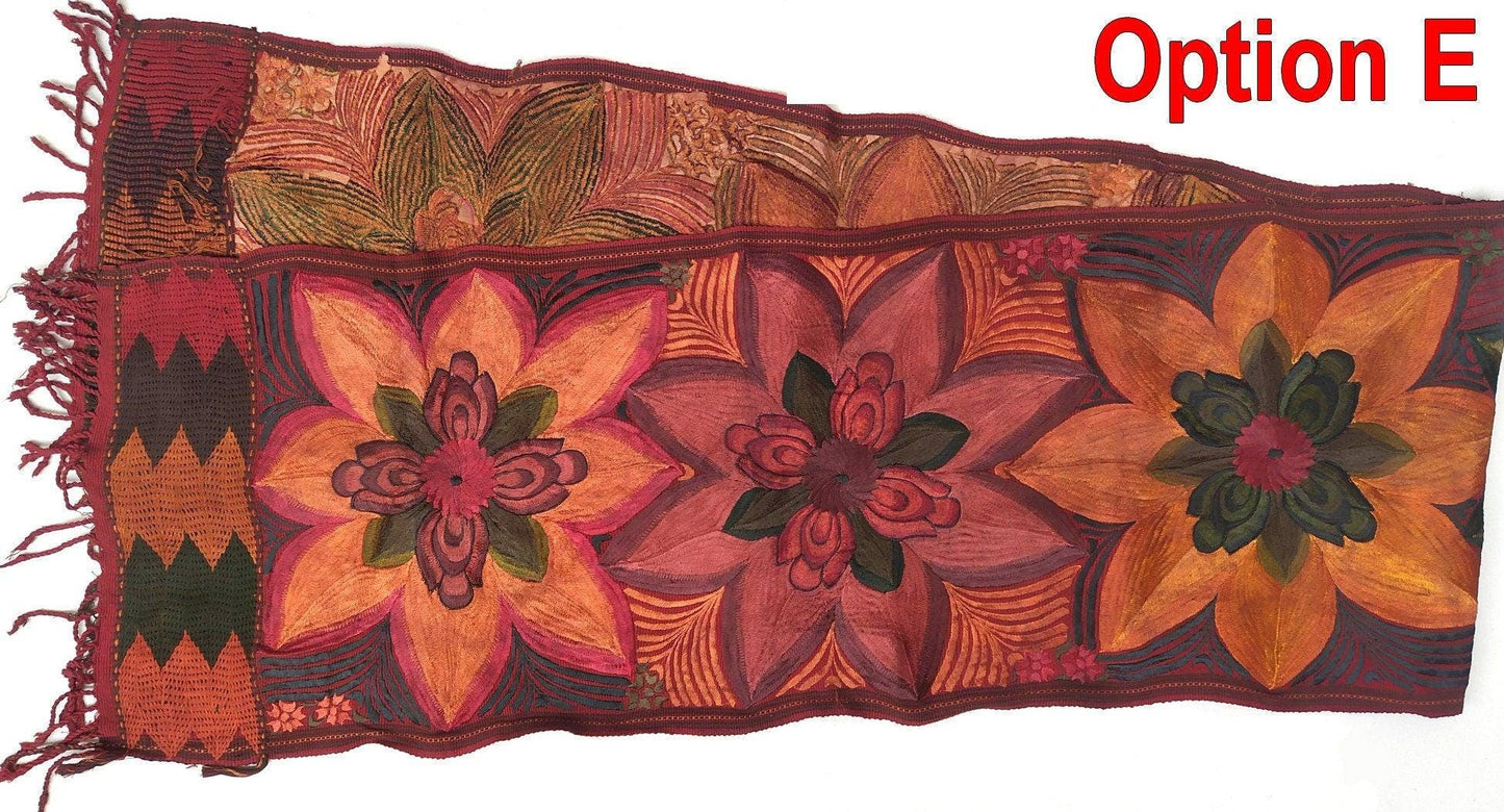 Handmade RUST Dyed Floral embroidered table RUNNER with tassels - ZACUALPA