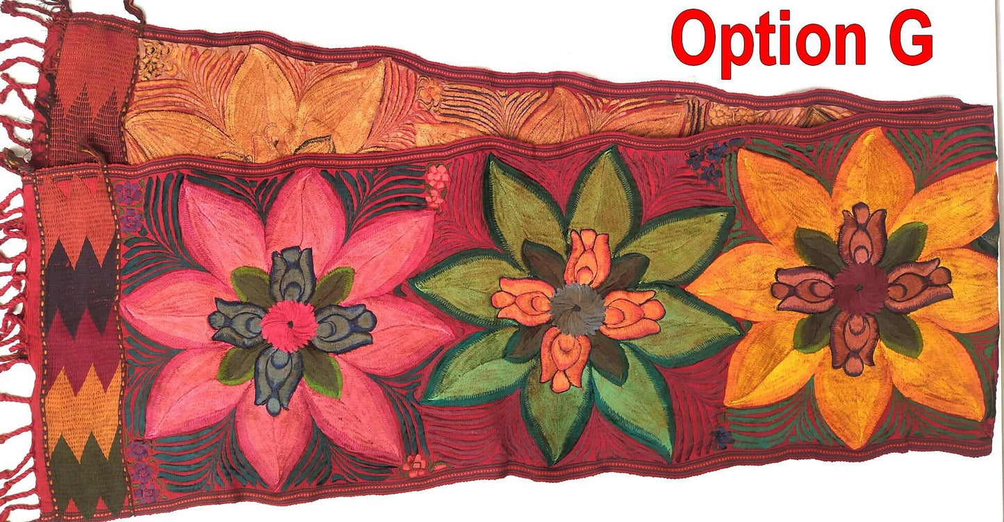 Handmade RUST Dyed Floral embroidered table RUNNER with tassels - ZACUALPA