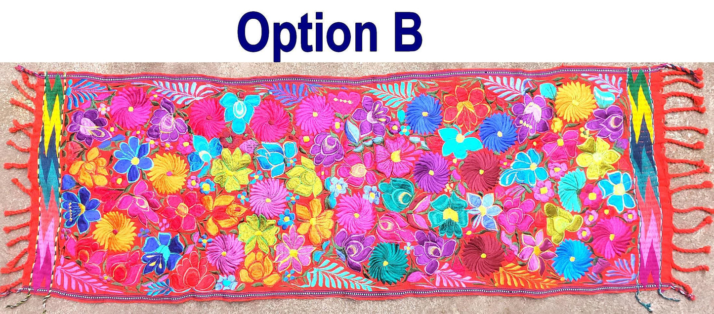 Handmade floral embroidered table runner with tassels -Zacualpa-