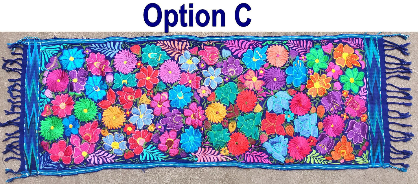 Handmade floral embroidered table runner with tassels -Zacualpa-