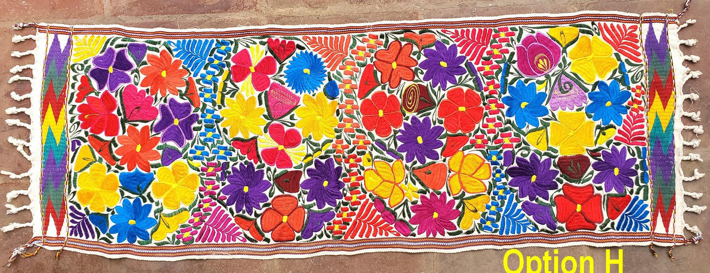 Handmade floral embroidered table runner with tassels -Zacualpa-