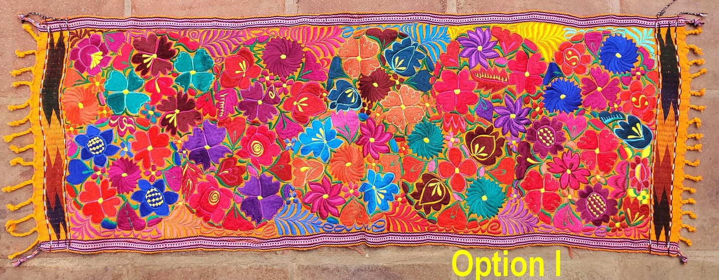 Handmade floral embroidered table runner with tassels -Zacualpa-