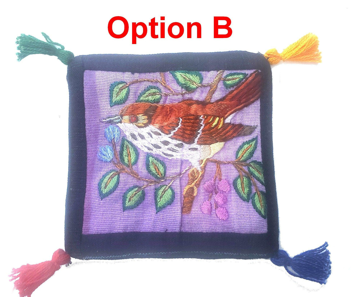13x13 Cm Hand Embroidered COTTON Textile GUATEMALAN Birds COASTER - Pretty Ornament Square Coaster