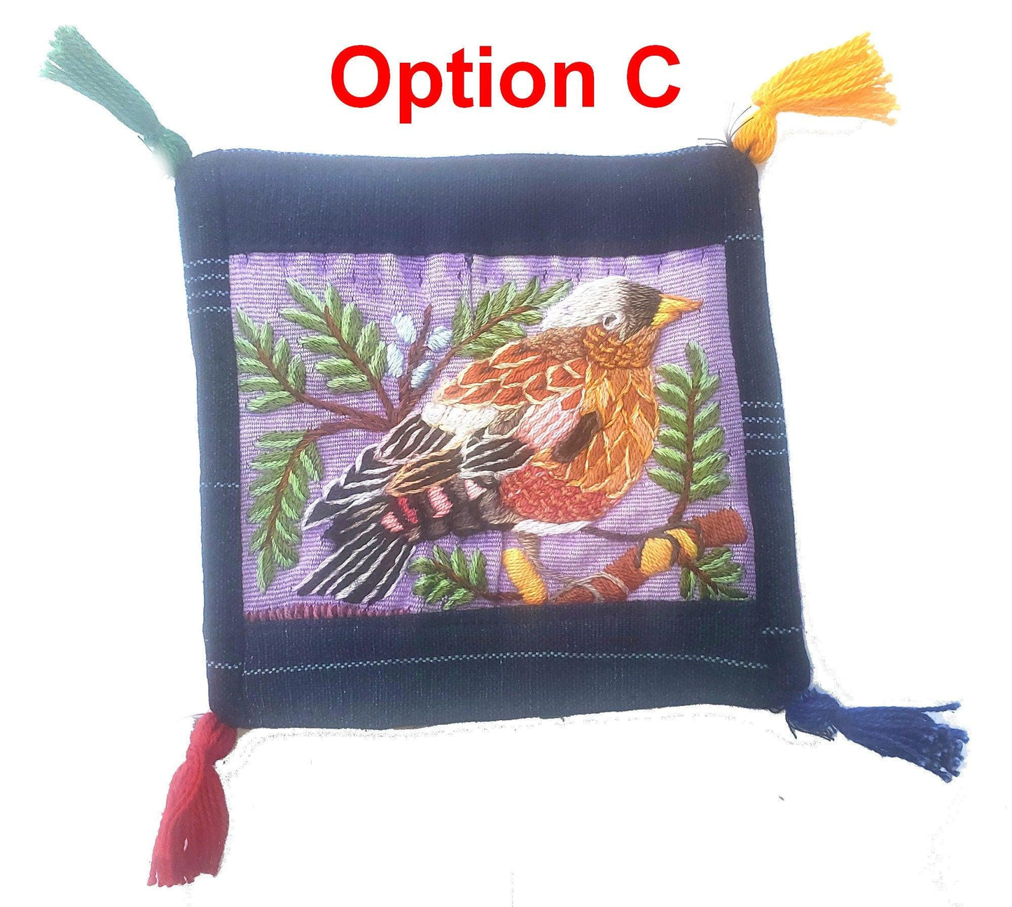 13x13 Cm Hand Embroidered COTTON Textile GUATEMALAN Birds COASTER - Pretty Ornament Square Coaster