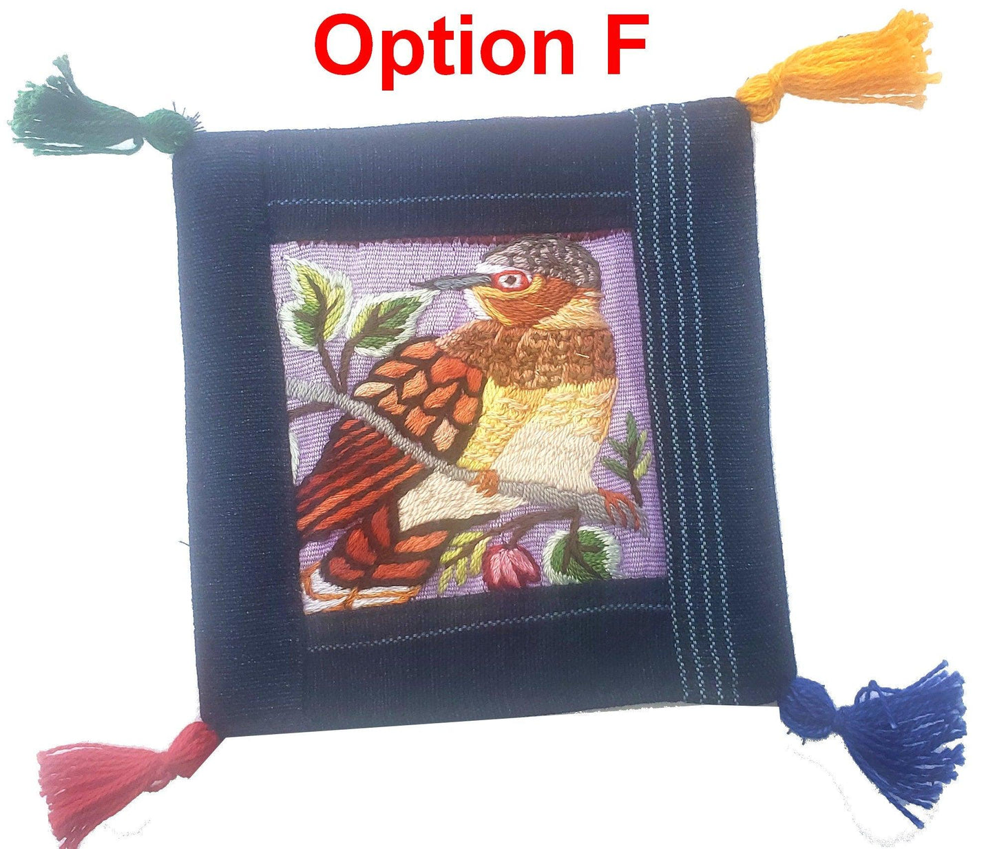 13x13 Cm Hand Embroidered COTTON Textile GUATEMALAN Birds COASTER - Pretty Ornament Square Coaster