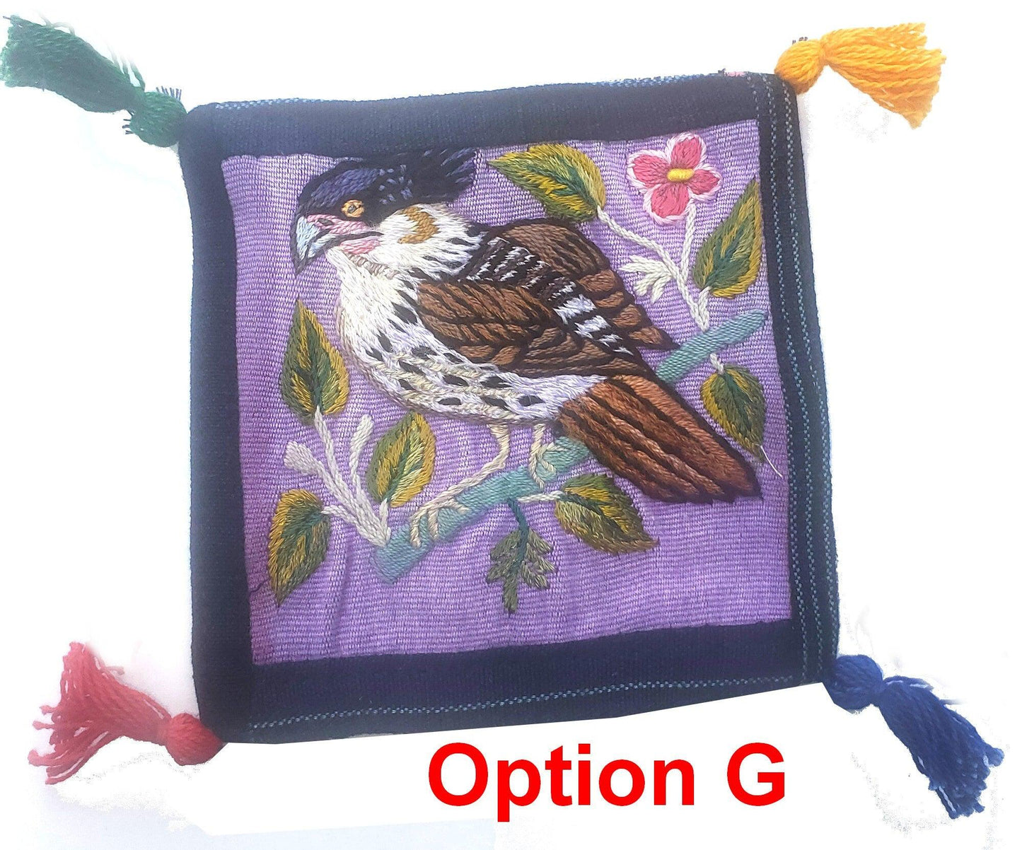 13x13 Cm Hand Embroidered COTTON Textile GUATEMALAN Birds COASTER - Pretty Ornament Square Coaster