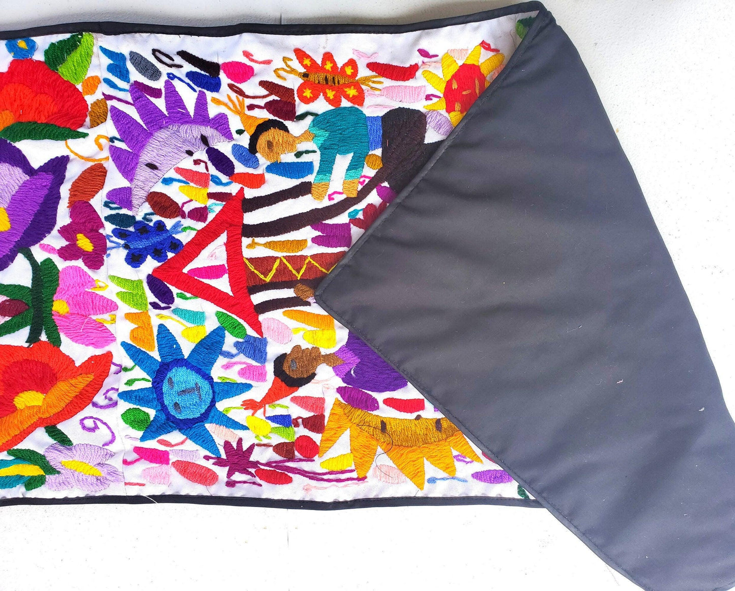 Unique Guatemala wool hand-embroidery -Bird, suns, floral, people motives table runner-