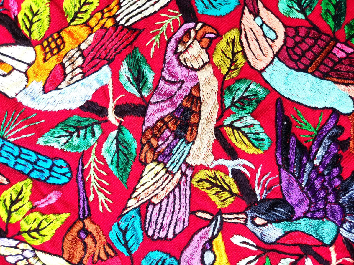 Unique Red Guatemala Silk hand-embroidery -Bird and Forest motives table runner-