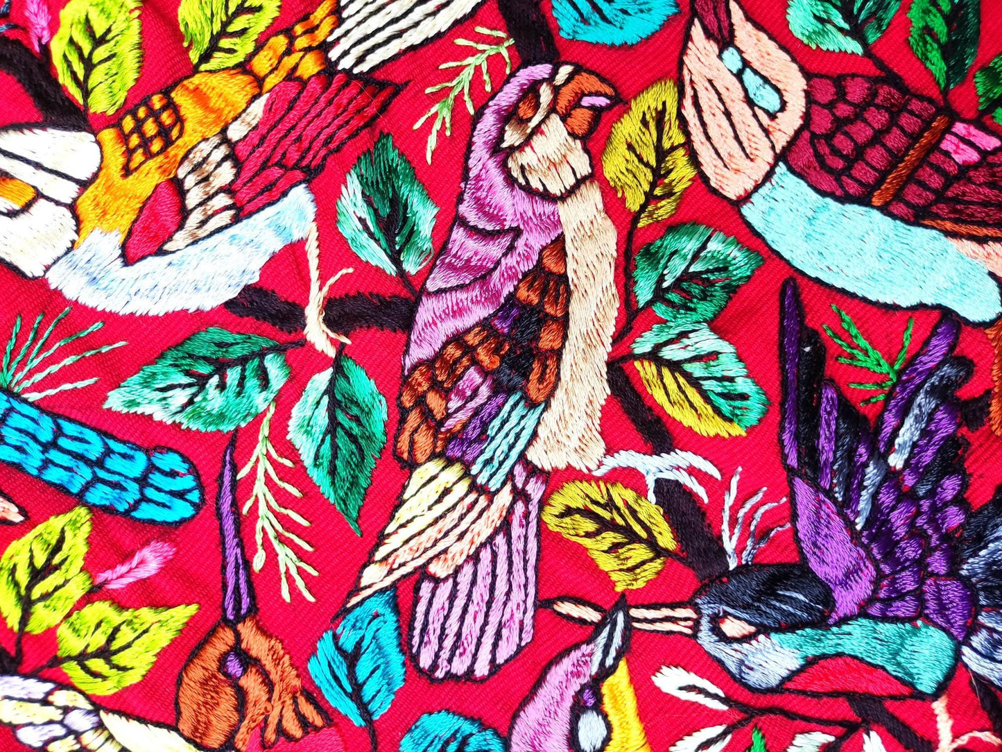 Unique Red Guatemala Silk hand-embroidery -Bird and Forest motives table runner-