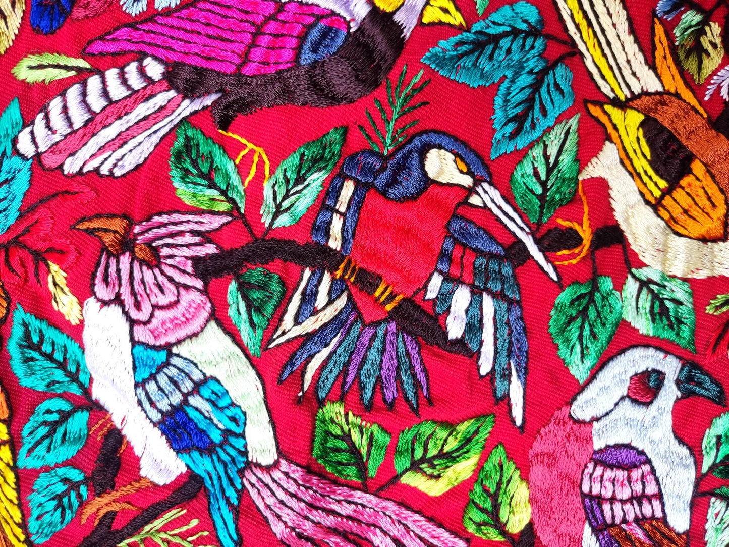 Unique Red Guatemala Silk hand-embroidery -Bird and Forest motives table runner-