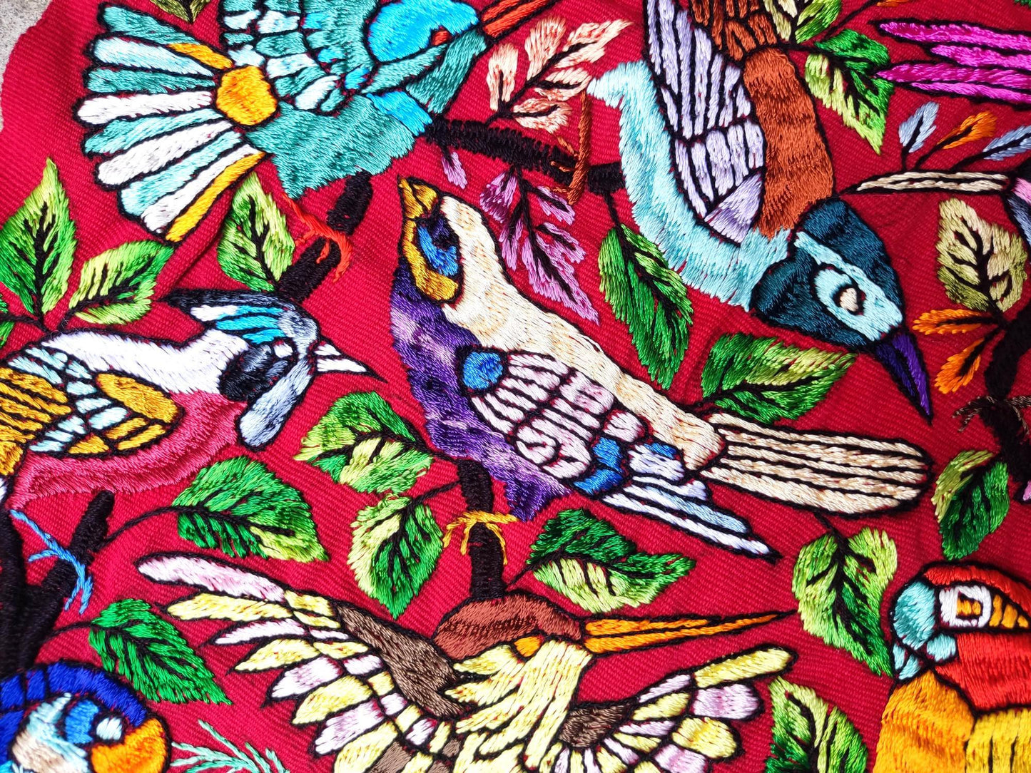 Unique Red Guatemala Silk hand-embroidery -Bird and Forest motives table runner-