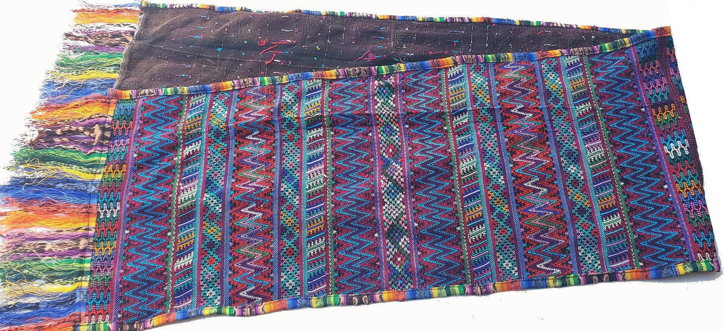 Vintage unique Guatemala handmade weaved cotton SILK fringes -San MARTIN Jilotepeque huipil- Geometric ZIGZAG motives table runner