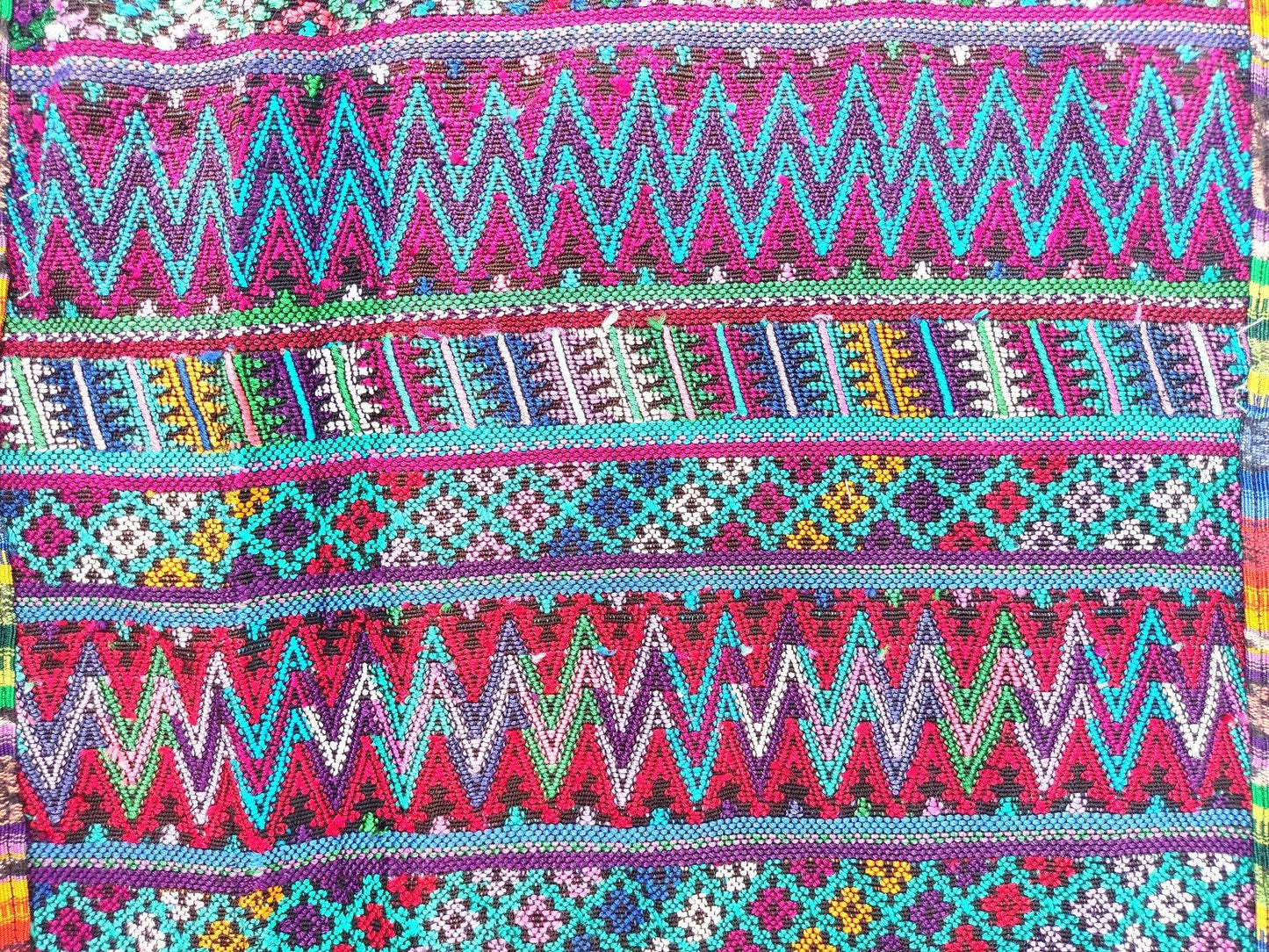 Vintage unique Guatemala handmade weaved cotton SILK fringes -San MARTIN Jilotepeque huipil- Geometric ZIGZAG motives table runner