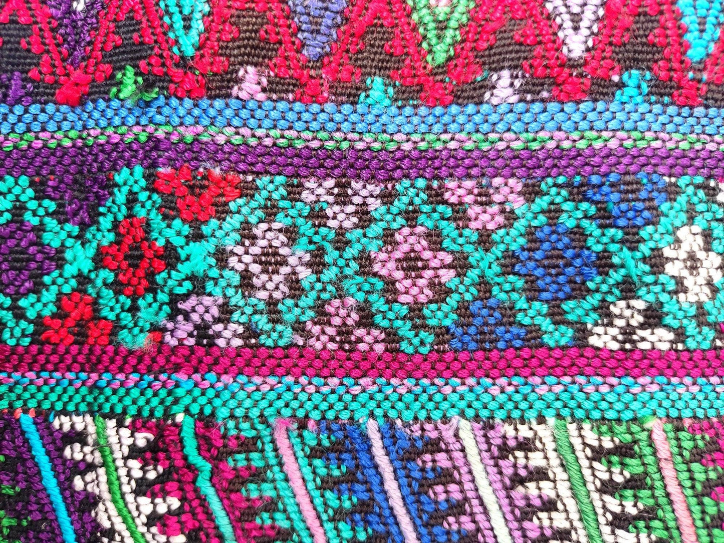 Vintage unique Guatemala handmade weaved cotton SILK fringes -San MARTIN Jilotepeque huipil- Geometric ZIGZAG motives table runner
