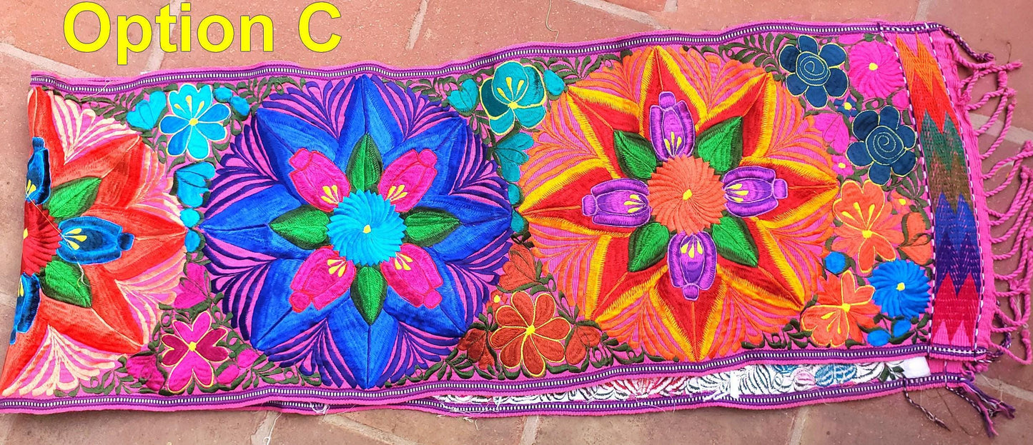 Handmade Floral Embroidered Table RUNNER With Tassels - ZACUALPA-