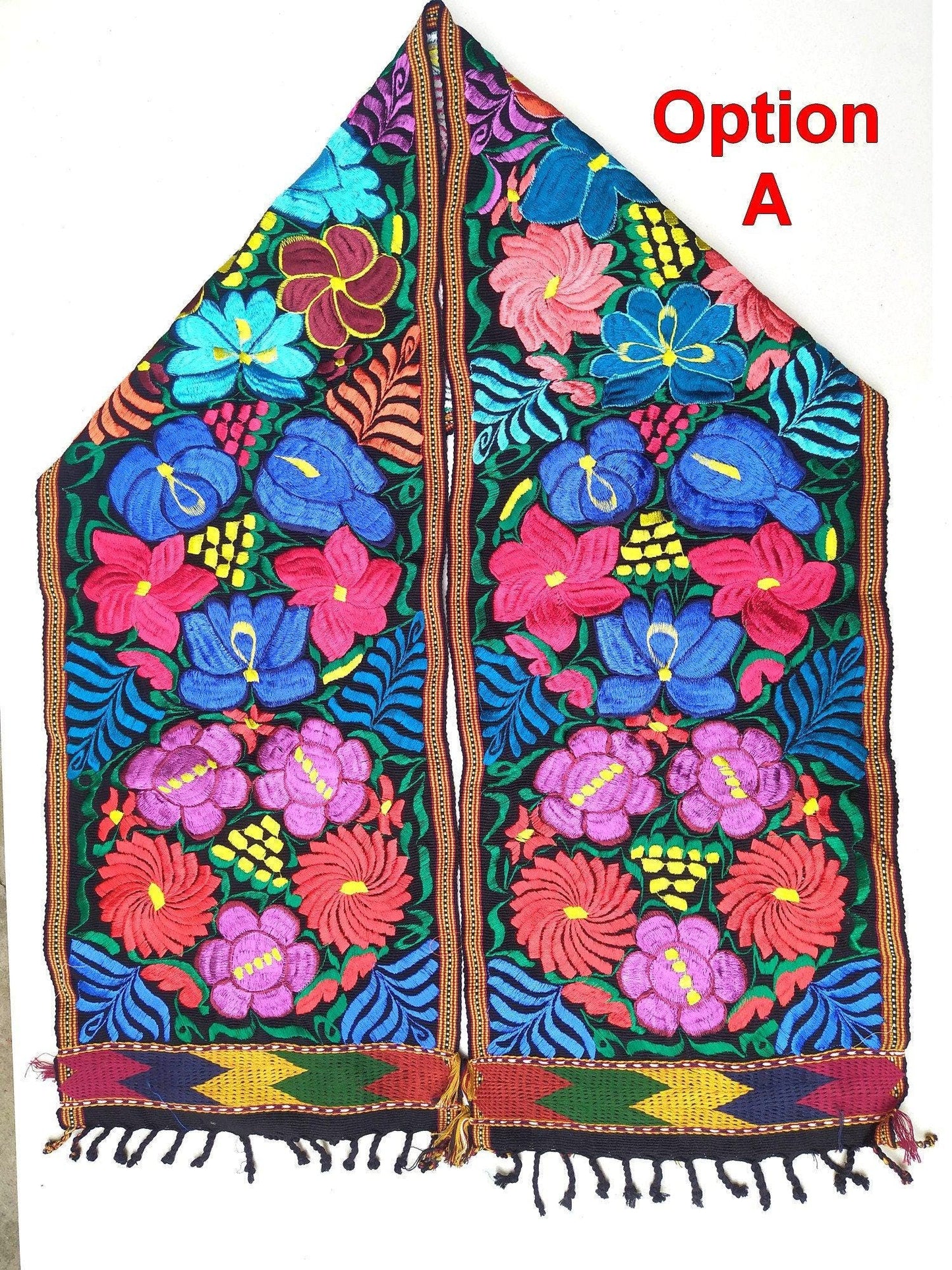 Handmade Floral Embroidered Table RUNNER With Tassels -ZACUALPA