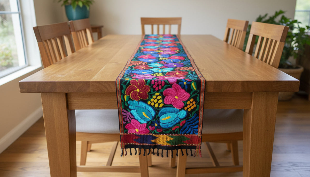 Handmade Floral Embroidered Table RUNNER With Tassels -ZACUALPA