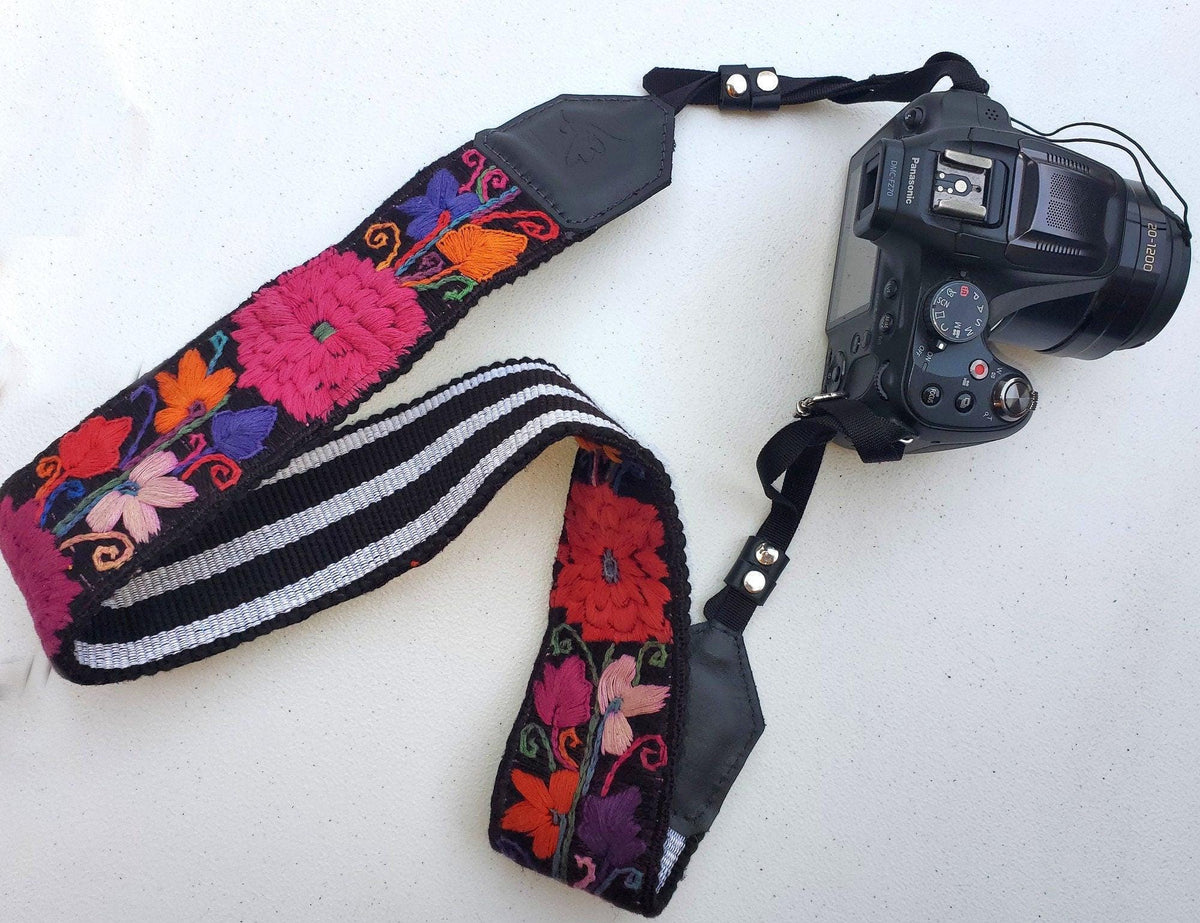 Guatemalan Handmade Adjustable Leather Embroidered Floral CAMERA STRAP