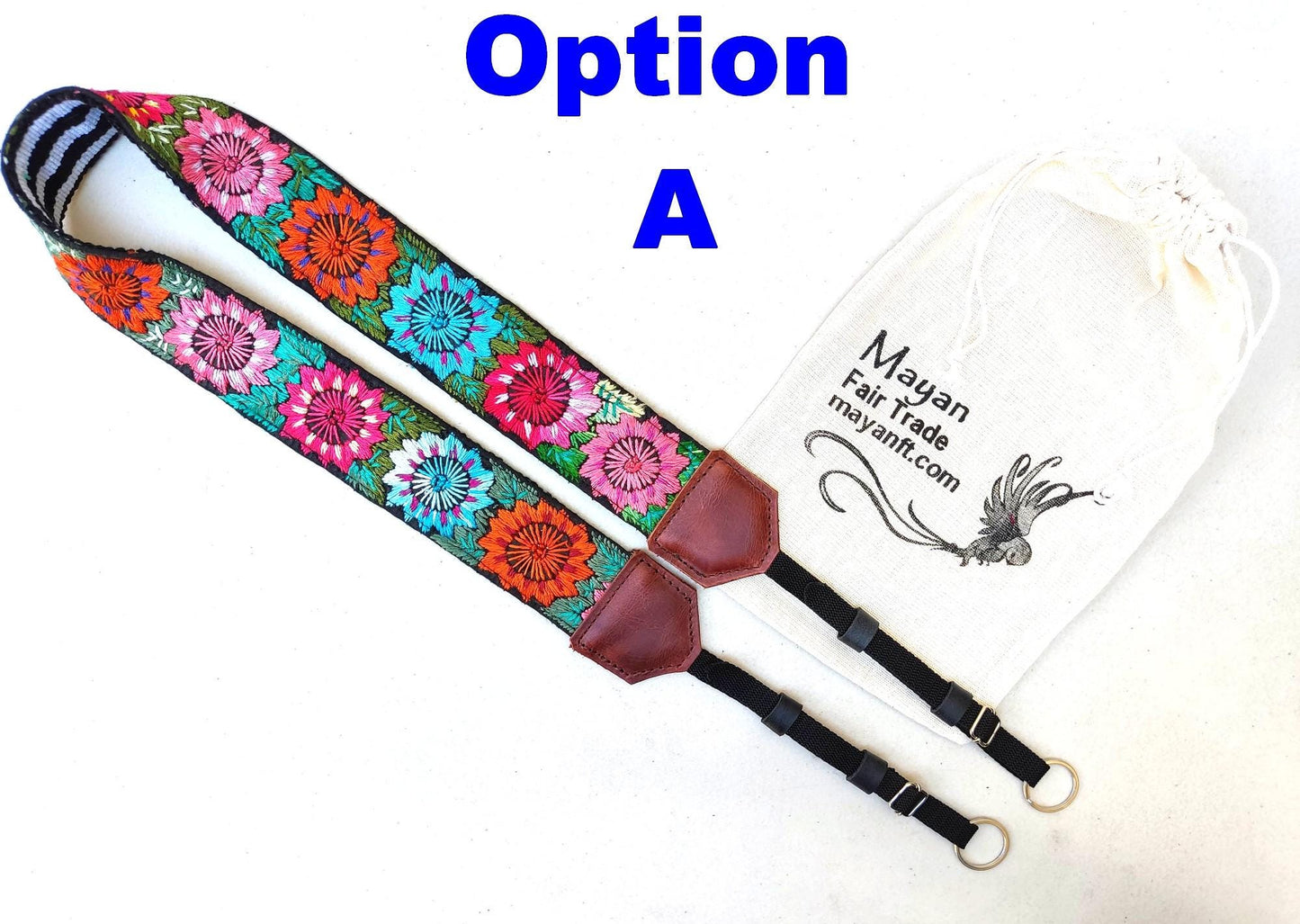 Guatemalan Handmade Adjustable Leather Embroidered Floral CAMERA STRAP