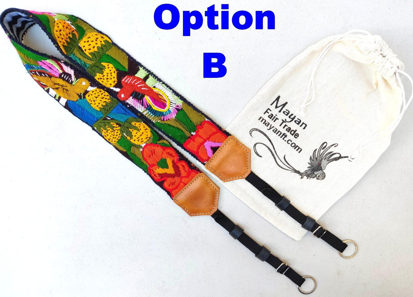 Guatemalan Handmade Adjustable Leather Embroidered Floral CAMERA STRAP