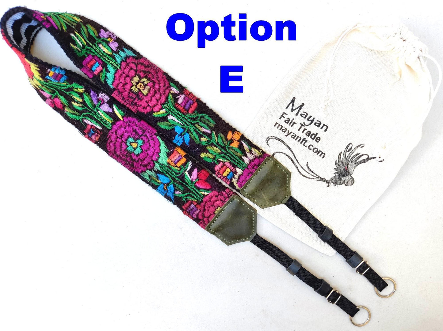 Guatemalan Handmade Adjustable Leather Embroidered Floral CAMERA STRAP