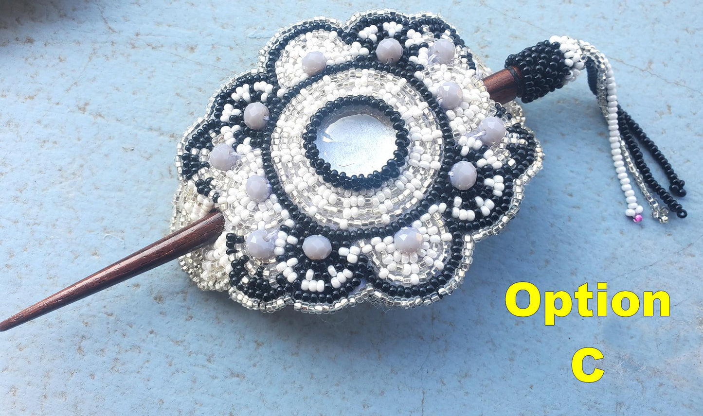 Czech Seed BEADS Hair Accessory CLIP BARRETTE Guatemala With Wooden Stick For Women - Aesthetic Leather Hair Stick Barret Clip