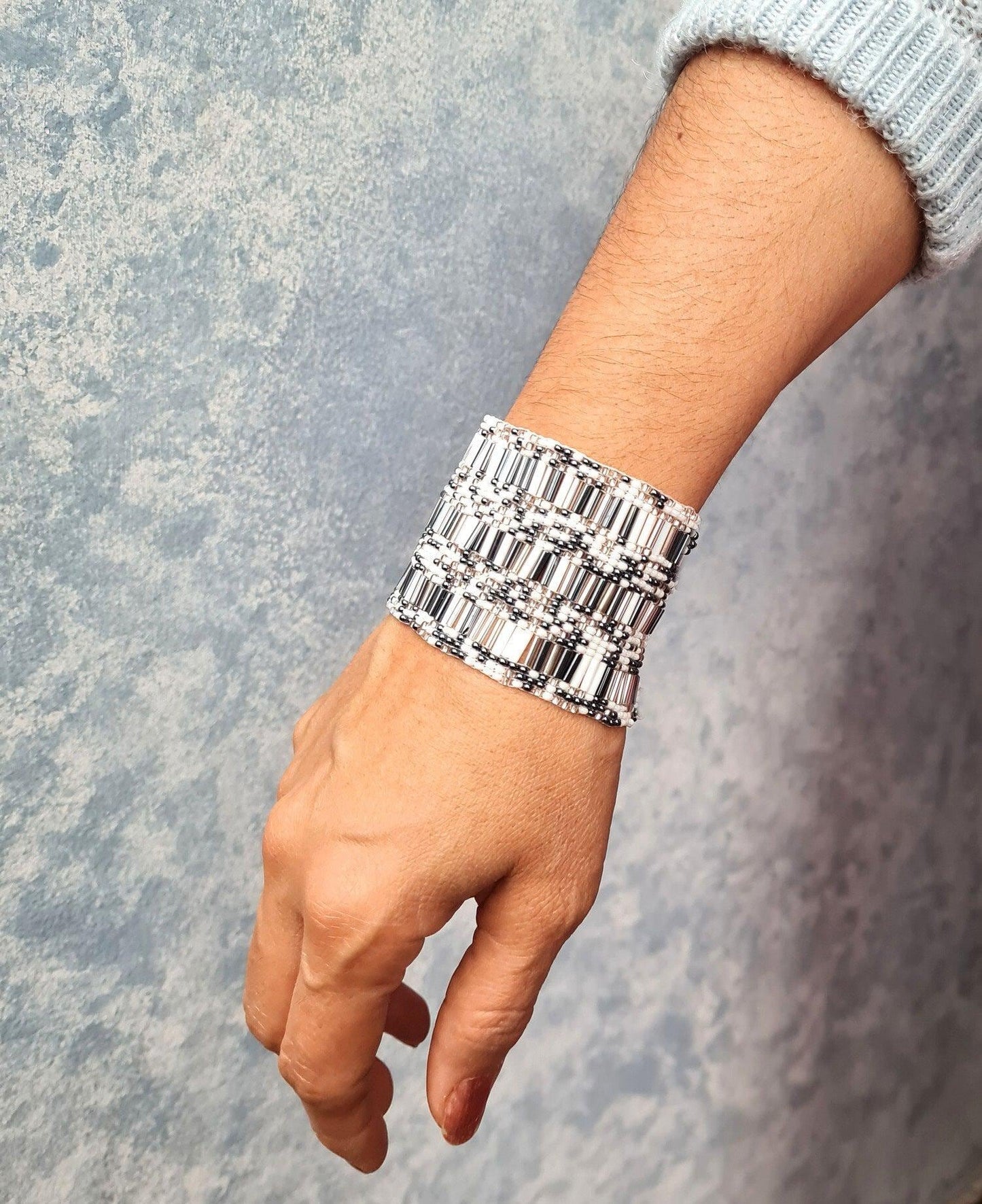 Wide Hand Beaded BRACELET -Gray and White- ATITLAN