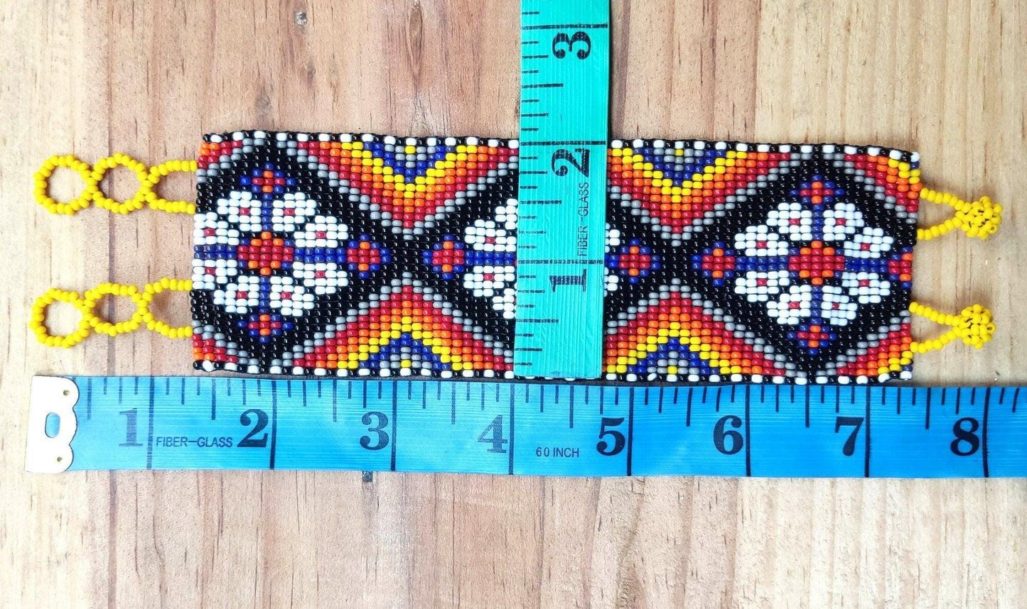 Wide Hand Beaded BRACELET -Floral and Geometric Pattern- ATITLAN